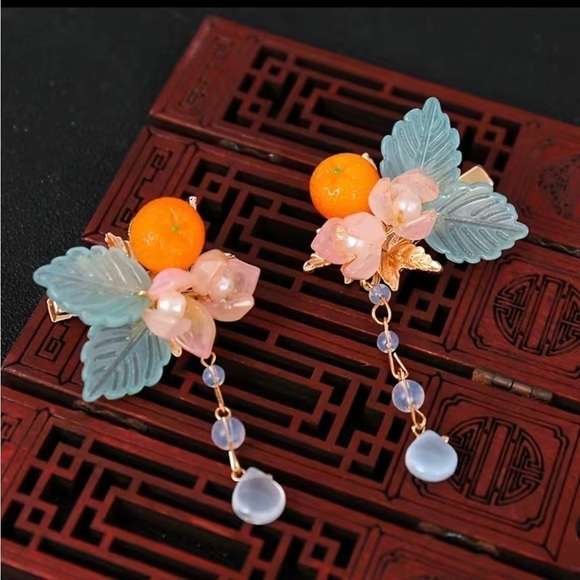 Tropical Orange Fruit Flower Drop Hair Clips - Picture 3 of 10